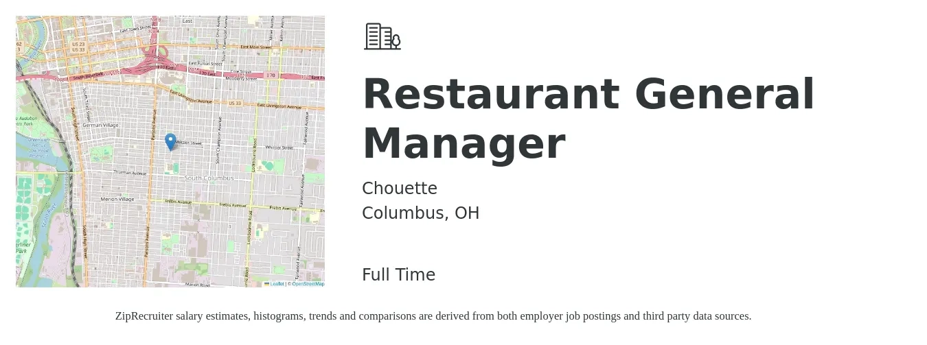 Chouette job posting for a Restaurant General Manager in Columbus, OH with a salary of $52,200 to $72,000 Yearly with a map of Columbus location.