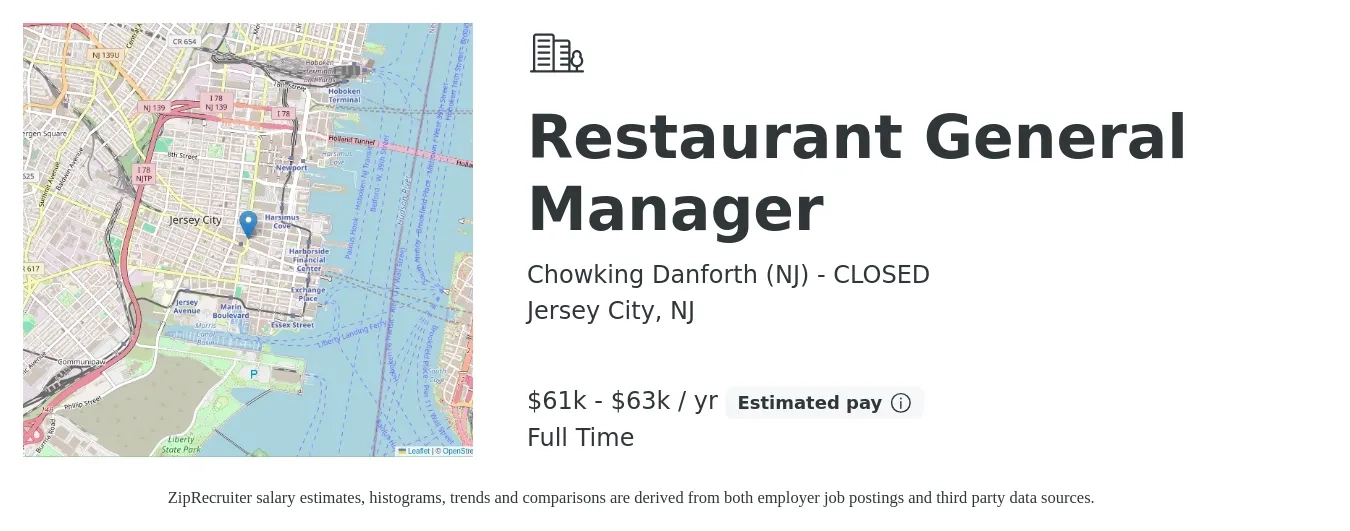Chowking Danforth (NJ) - CLOSED job posting for a Restaurant General Manager in Jersey City, NJ with a salary of $61,659 to $63,273 Yearly with a map of Jersey City location.