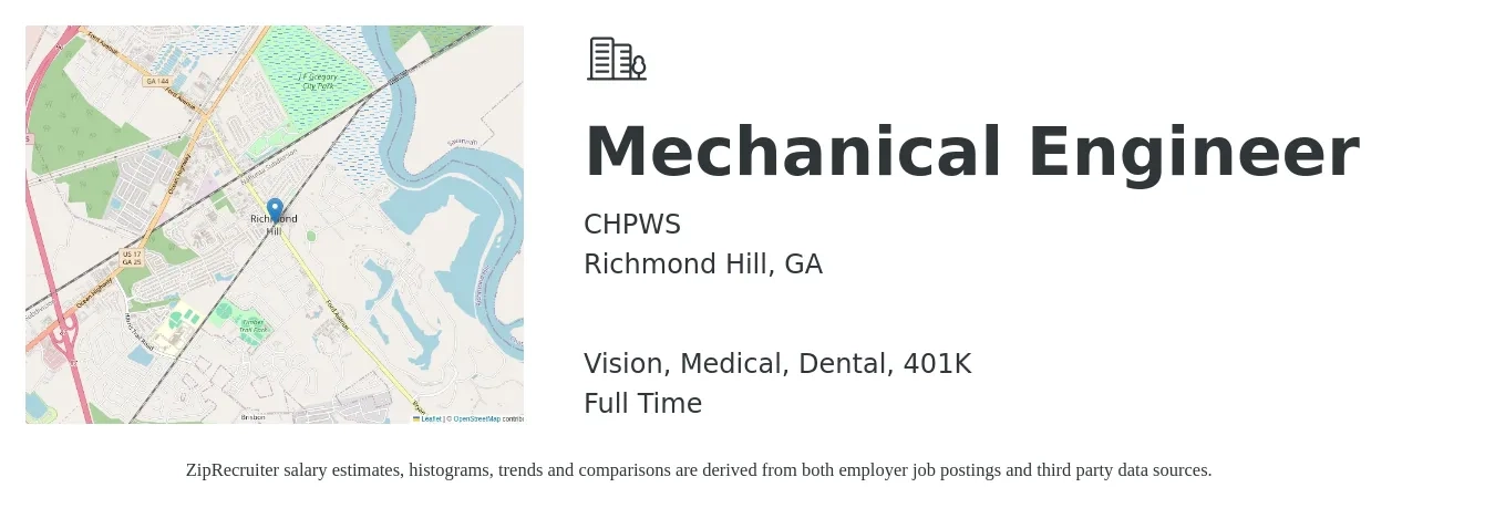 CHPWS job posting for a Mechanical Engineer in Richmond Hill, GA with a salary of $67,400 to $104,700 Yearly and benefits including 401k, dental, life_insurance, medical, and vision with a map of Richmond Hill location.