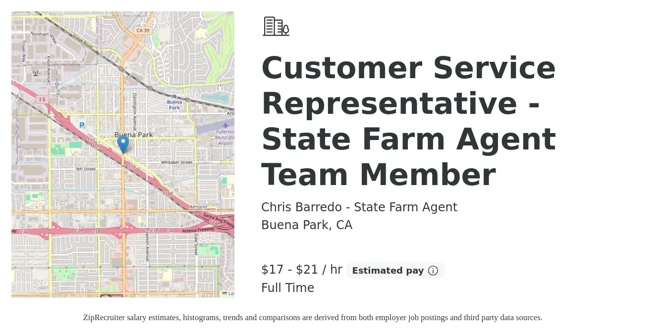 Chris Barredo - State Farm Agent job posting for a Customer Service Representative - State Farm Agent Team Member in Buena Park, CA with a salary of $18 to $22 Hourly with a map of Buena Park location.