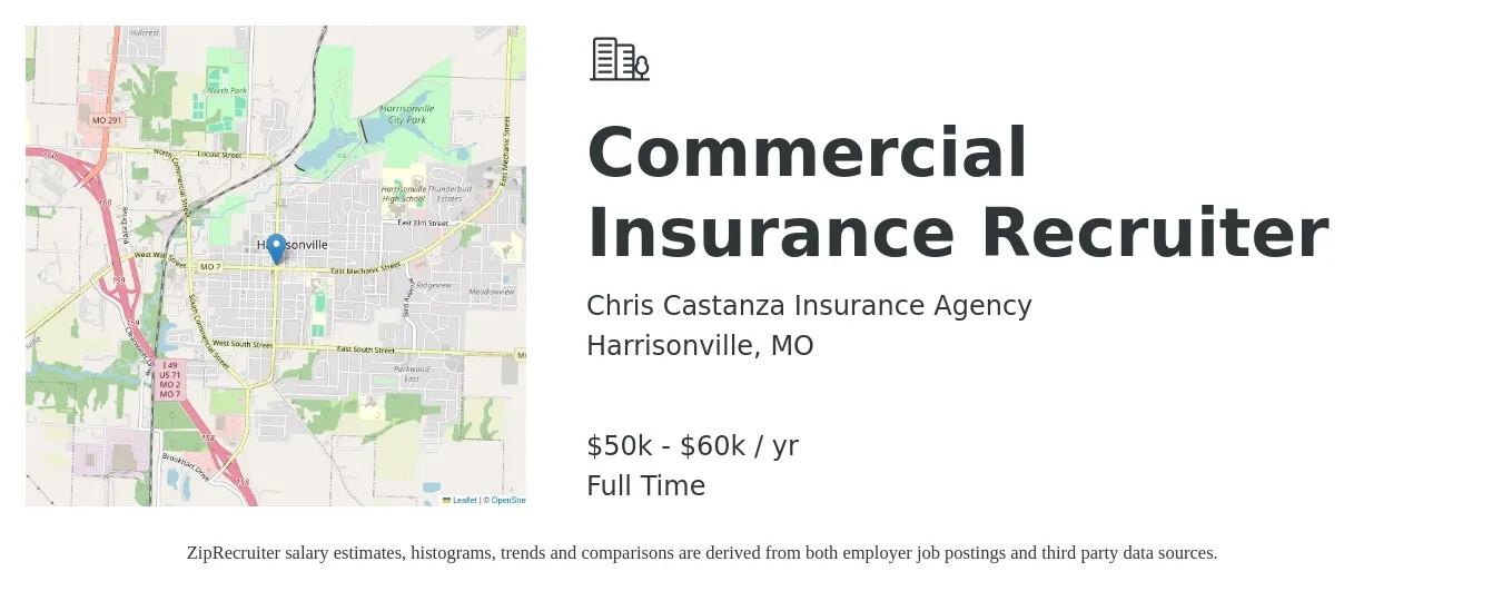 Chris Castanza Insurance Agency job posting for a Commercial Insurance Recruiter in Harrisonville, MO with a salary of $50,000 to $60,000 Yearly with a map of Harrisonville location.