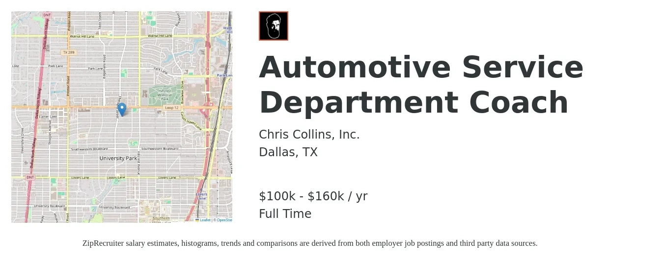 Chris Collins, Inc. job posting for a Automotive Service Department Coach in Dallas, TX with a salary of $100,000 to $160,000 Yearly with a map of Dallas location.
