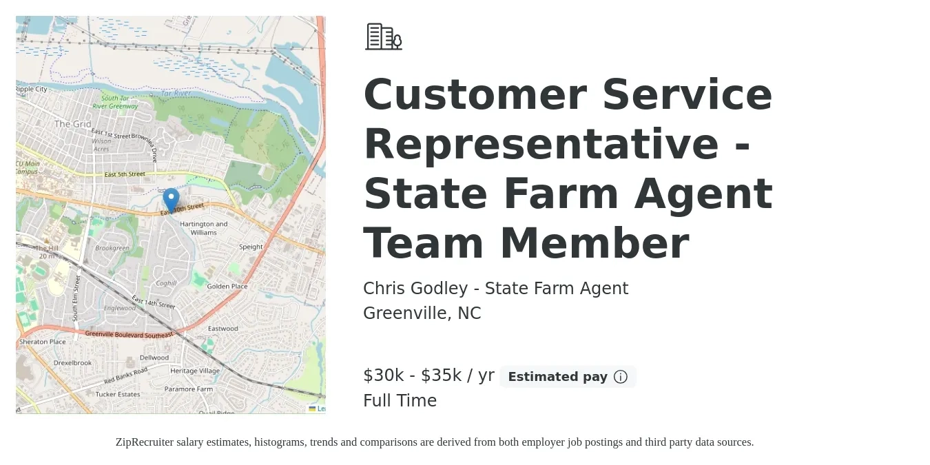 Chris Godley - State Farm Agent job posting for a Customer Service Representative - State Farm Agent Team Member in Greenville, NC with a salary of $30,000 to $35,000 Yearly with a map of Greenville location.