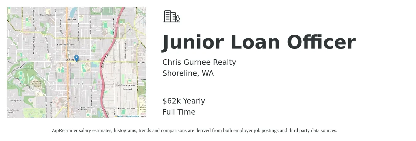 Chris Gurnee Realty job posting for a Junior Loan Officer in Shoreline, WA with a salary of $62,500 Yearly with a map of Shoreline location.
