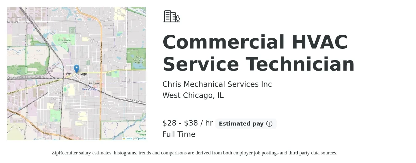 Chris Mechanical Services Inc job posting for a Commercial HVAC Service Technician in West Chicago, IL with a salary of $30 to $40 Hourly with a map of West Chicago location.