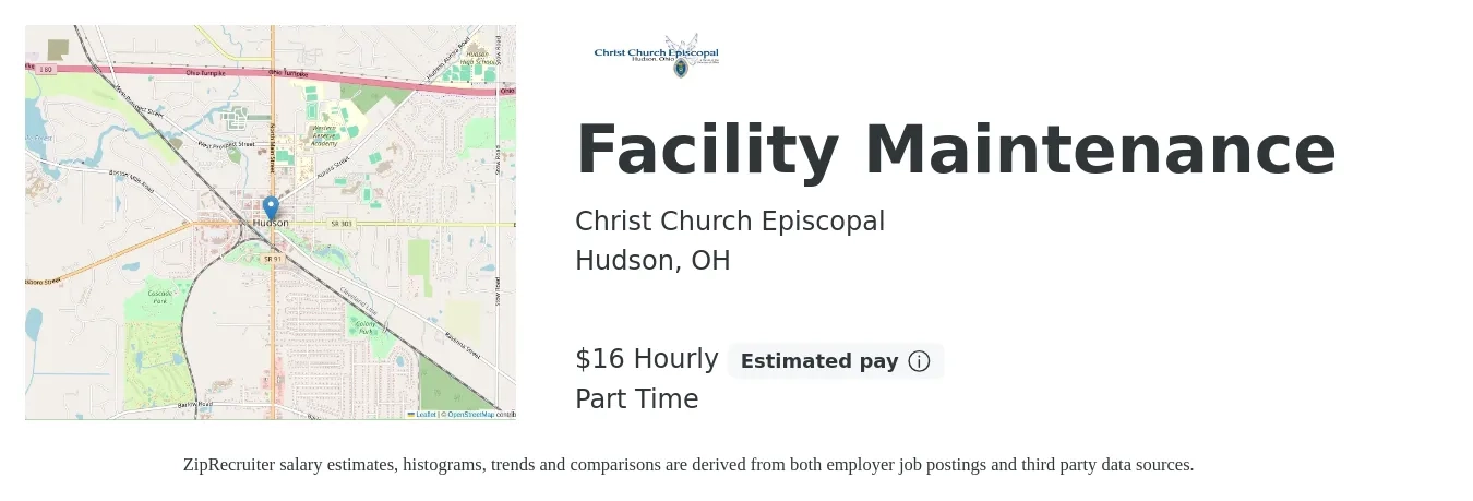 Christ Church Episcopal job posting for a Facility Maintenance in Hudson, OH with a salary of $17 Hourly and benefits including pto with a map of Hudson location.
