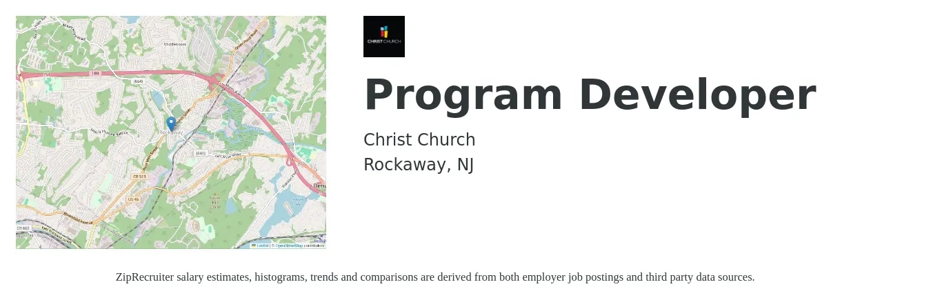 Christ Church job posting for a Program Developer in Rockaway, NJ with a salary of $42,000 to $72,400 Yearly with a map of Rockaway location.