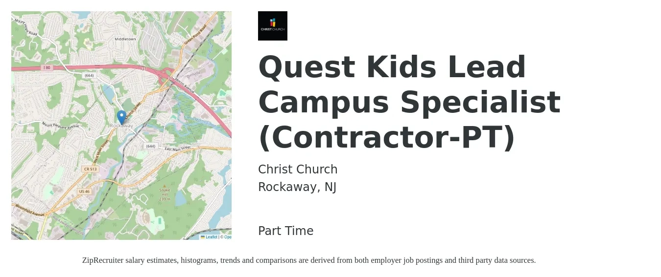 Christ Church job posting for a Quest Kids Lead Campus Specialist (Contractor-PT) in Rockaway, NJ with a salary of $16 to $24 Hourly with a map of Rockaway location.