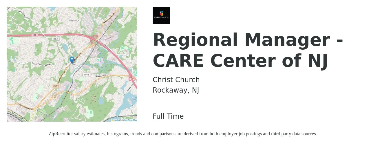Christ Church job posting for a Regional Manager - CARE Center of NJ in Rockaway, NJ with a salary of $55,500 to $88,400 Yearly with a map of Rockaway location.
