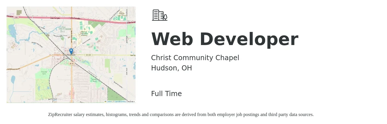 Christ Community Chapel job posting for a Web Developer in Hudson, OH with a salary of $33 to $52 Hourly with a map of Hudson location.