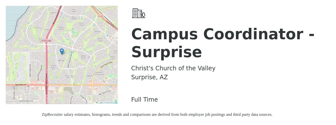 Christ's Church of the Valley job posting for a Campus Coordinator - Surprise in Surprise, AZ with a salary of $38,400 to $63,900 Yearly with a map of Surprise location.