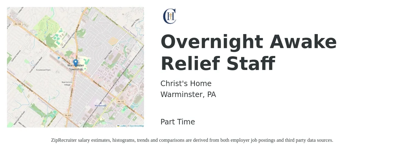 Christ's Home job posting for a Overnight Awake Relief Staff in Warminster, PA with a salary of $16 to $18 Hourly with a map of Warminster location.