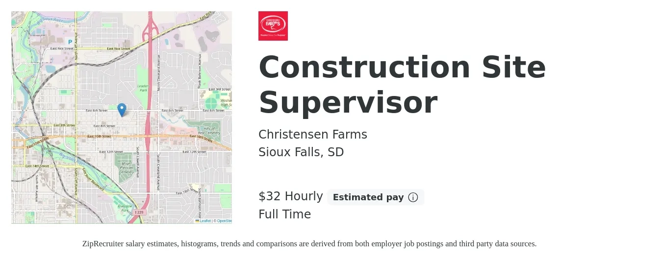 Christensen Farms job posting for a Construction Site Supervisor in Sioux Falls, SD with a salary of $59,700 to $94,500 Yearly with a map of Sioux Falls location.