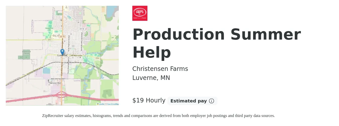 Christensen Farms job posting for a Production Summer Help in Luverne, MN with a salary of $20 Hourly with a map of Luverne location.