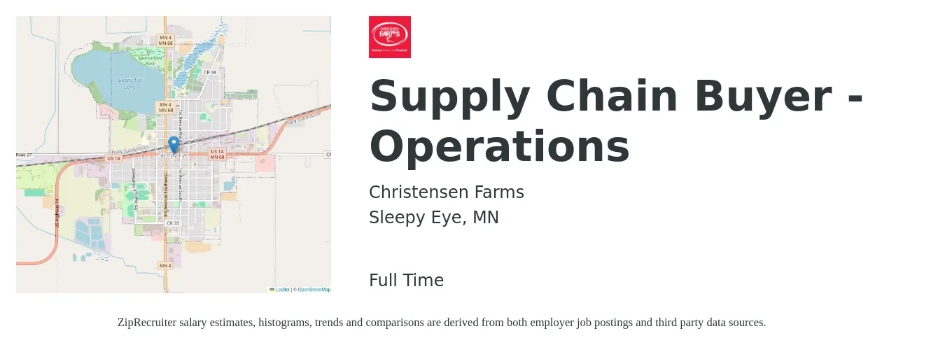 Christensen Farms job posting for a Supply Chain Buyer - Operations in Sleepy Eye, MN with a salary of $59,900 to $75,800 Yearly with a map of Sleepy Eye location.