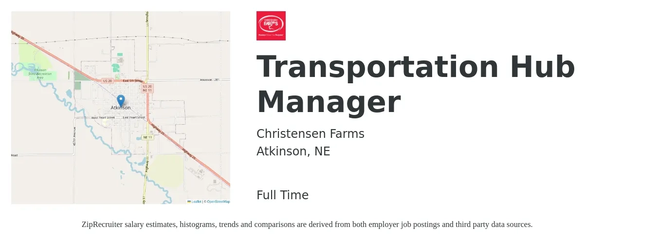 Christensen Farms job posting for a Transportation Hub Manager in Atkinson, NE with a salary of $60,000 to $88,700 Yearly with a map of Atkinson location.