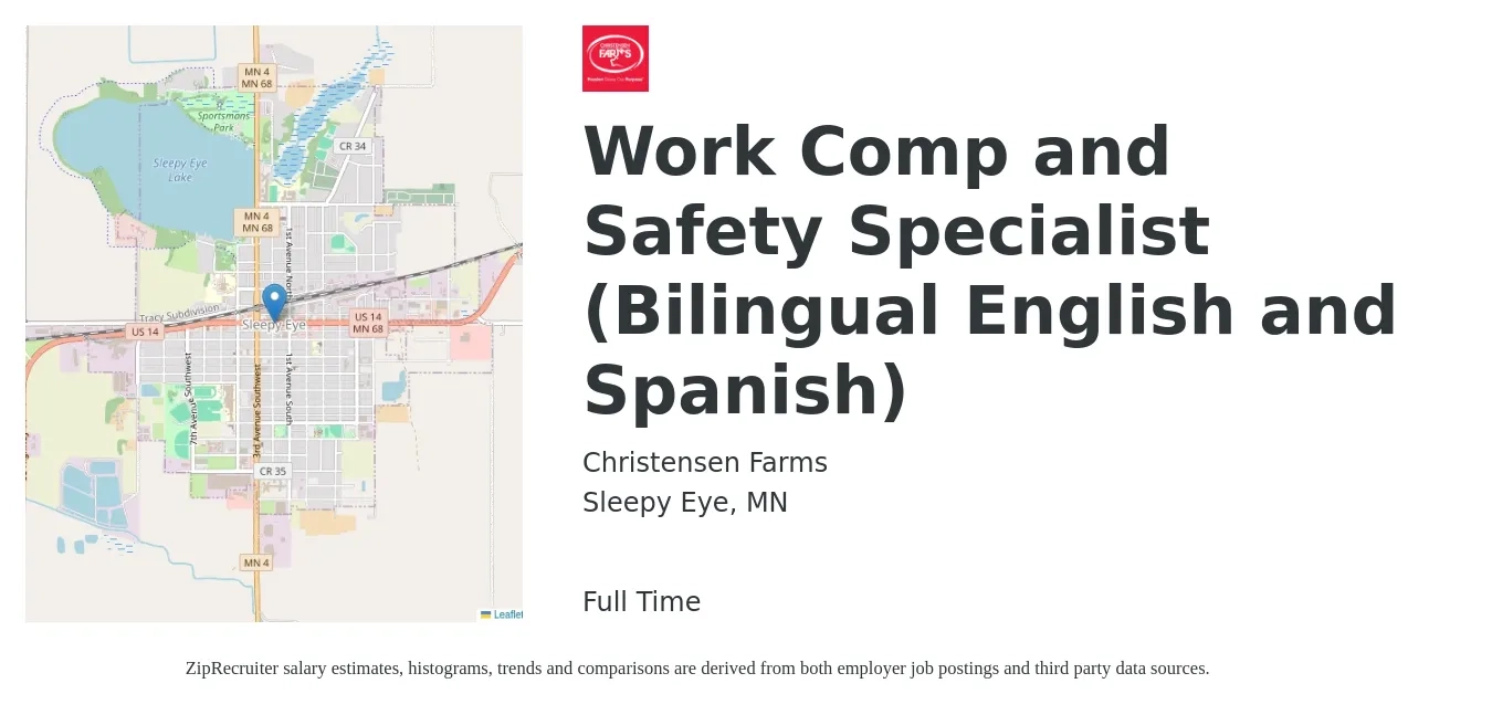 Christensen Farms job posting for a Work Comp and Safety Specialist (Bilingual English and Spanish) in Sleepy Eye, MN with a salary of $64,400 to $95,600 Yearly with a map of Sleepy Eye location.