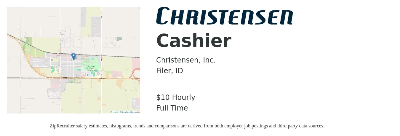 Christensen, Inc. job posting for a Cashier in Filer, ID with a salary of $11 Hourly with a map of Filer location.