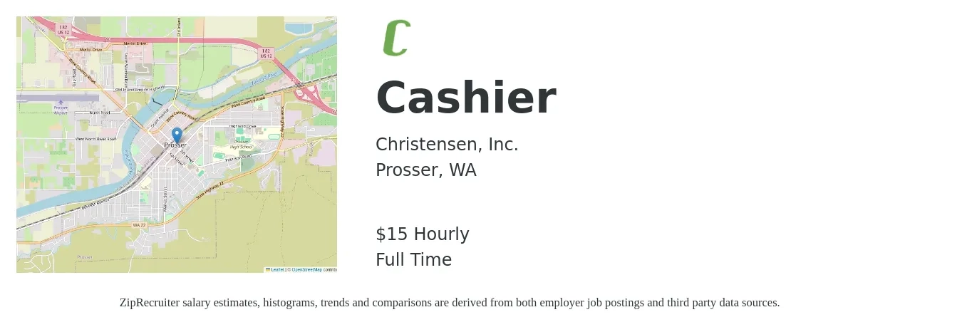 Christensen, Inc. job posting for a Cashier in Prosser, WA with a salary of $16 Hourly with a map of Prosser location.