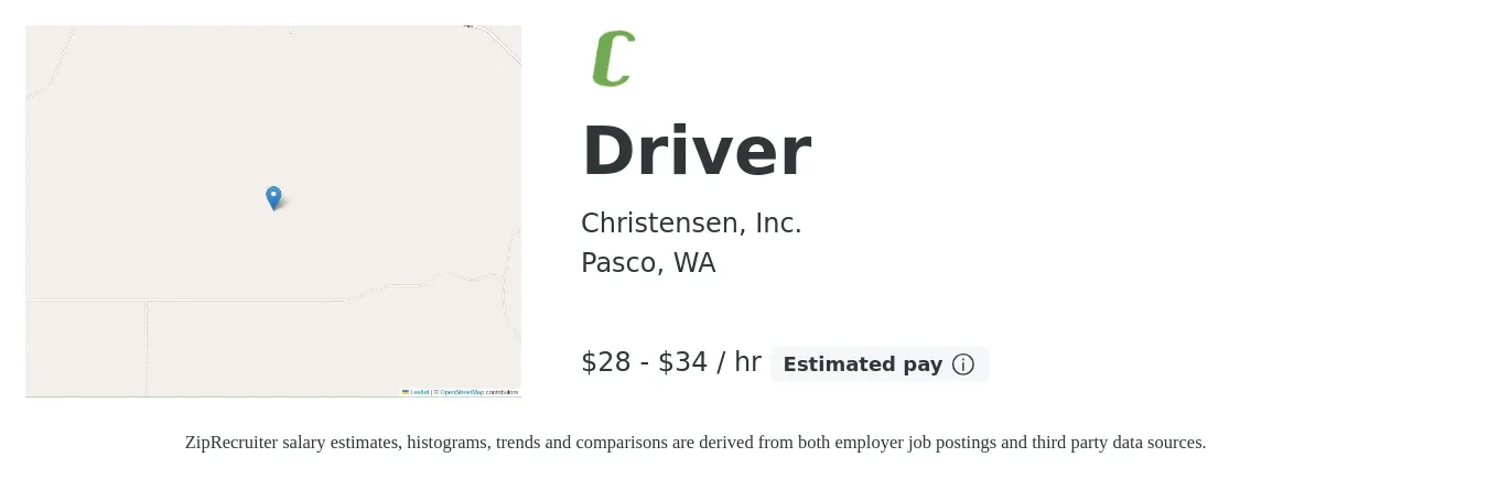 Christensen, Inc. job posting for a Driver in Pasco, WA with a salary of $30 to $36 Hourly with a map of Pasco location.