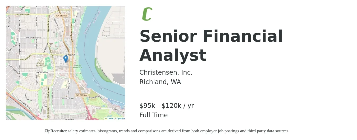 Christensen, Inc. job posting for a Senior Financial Analyst in Richland, WA with a salary of $95,000 to $120,000 Yearly with a map of Richland location.