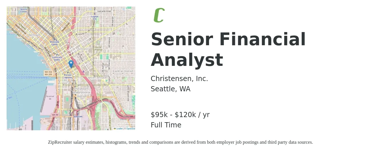 Christensen, Inc. job posting for a Senior Financial Analyst in Seattle, WA with a salary of $95,000 to $120,000 Yearly with a map of Seattle location.