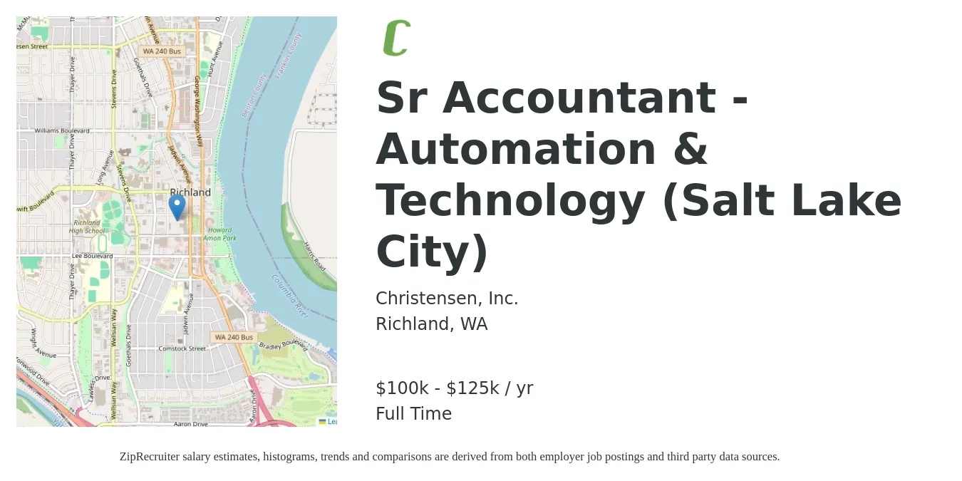 Christensen, Inc. job posting for a Sr Accountant - Automation & Technology (Salt Lake City) in Richland, WA with a salary of $100,000 to $125,000 Yearly with a map of Richland location.