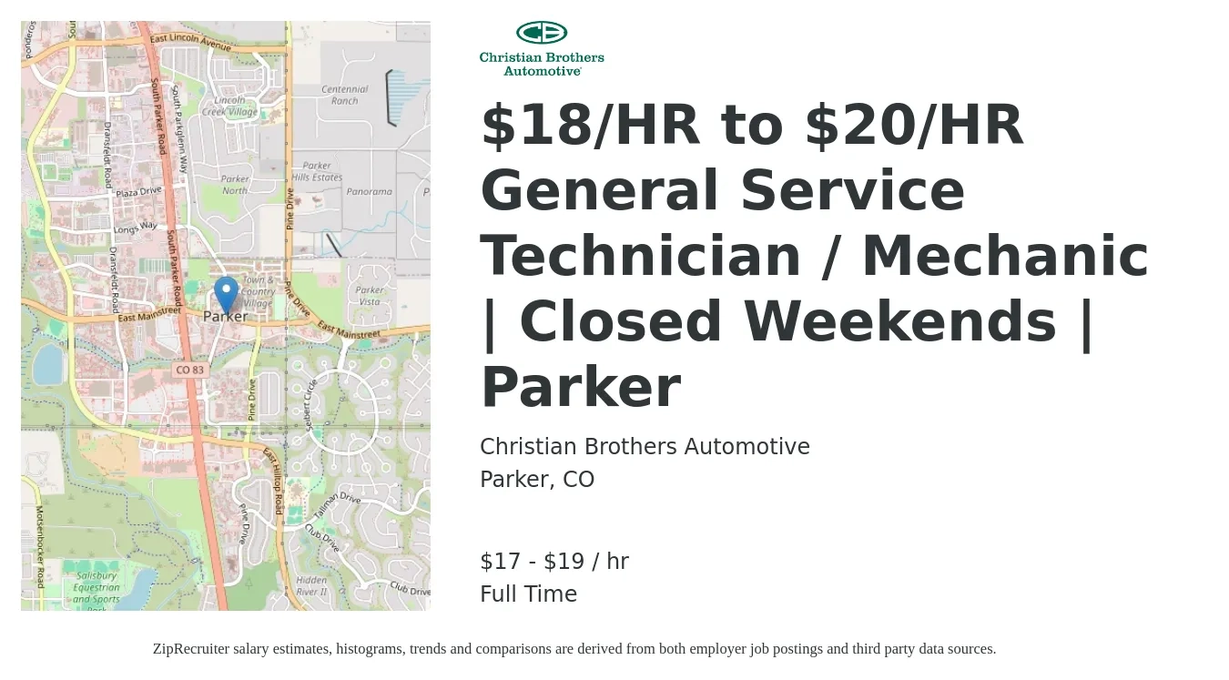 Christian Brothers Automotive job posting for a $18/HR to $20/HR General Service Technician / Mechanic | Closed Weekends | Parker in Parker, CO with a salary of $18 to $20 Hourly with a map of Parker location.