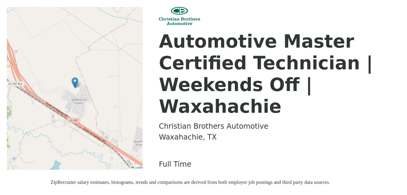 Christian Brothers Automotive job posting for a Automotive Master Certified Technician | Weekends Off | Waxahachie in Waxahachie, TX with a salary of $30 to $44 Hourly with a map of Waxahachie location.