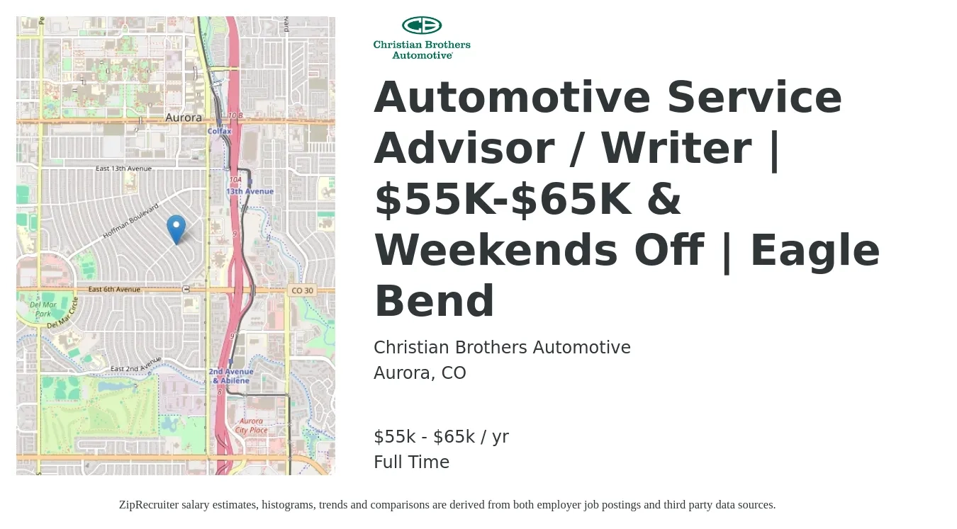 Christian Brothers Automotive job posting for a Automotive Service Advisor / Writer | $55K-$65K & Weekends Off | Eagle Bend in Aurora, CO with a salary of $55,000 to $65,000 Yearly with a map of Aurora location.