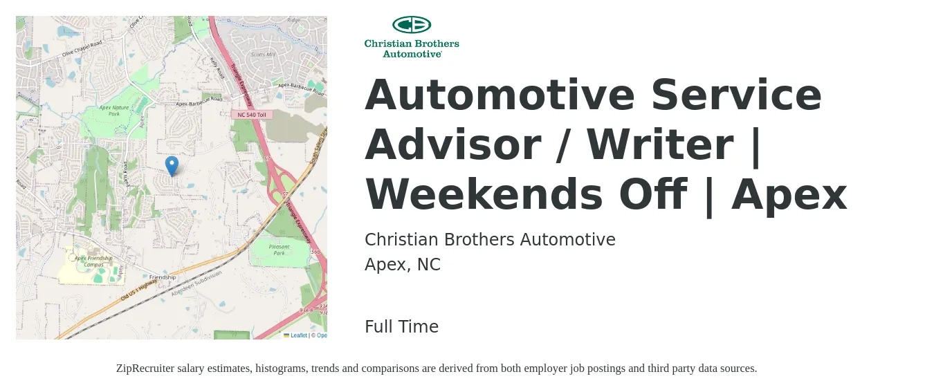 Christian Brothers Automotive job posting for a Automotive Service Advisor / Writer | Weekends Off | Apex in Apex, NC with a salary of $15 to $24 Hourly with a map of Apex location.