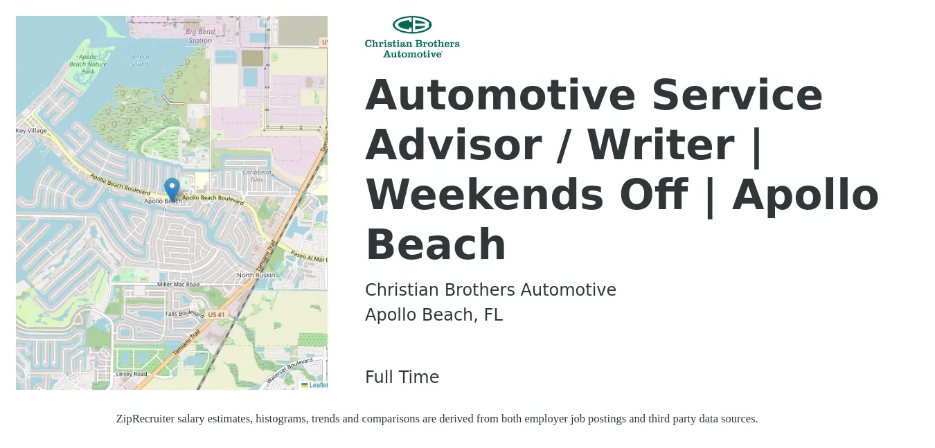 Christian Brothers Automotive job posting for a Automotive Service Advisor / Writer | Weekends Off | Apollo Beach in Apollo Beach, FL with a salary of $18 to $30 Hourly with a map of Apollo Beach location.
