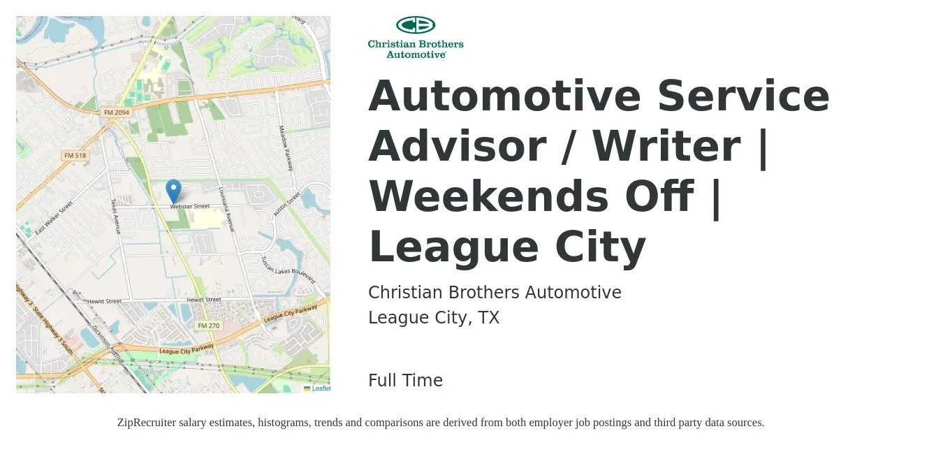 Christian Brothers Automotive job posting for a Automotive Service Advisor / Writer | Weekends Off | League City in League City, TX with a salary of $16 to $26 Hourly with a map of League City location.