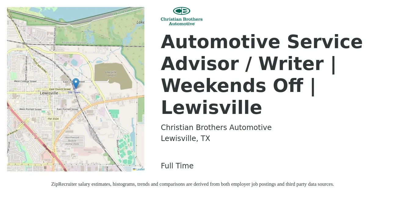 Christian Brothers Automotive job posting for a Automotive Service Advisor / Writer | Weekends Off | Lewisville in Lewisville, TX with a salary of $17 to $28 Hourly with a map of Lewisville location.