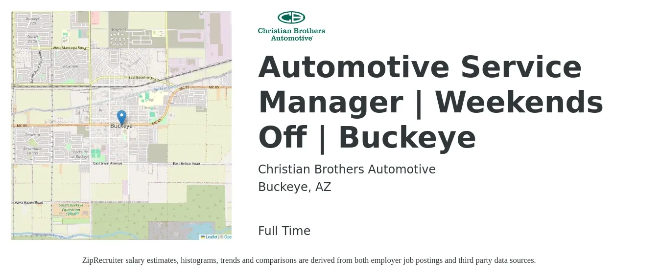 Christian Brothers Automotive job posting for a Automotive Service Manager | Weekends Off | Buckeye in Buckeye, AZ with a salary of $54,700 to $79,100 Yearly with a map of Buckeye location.