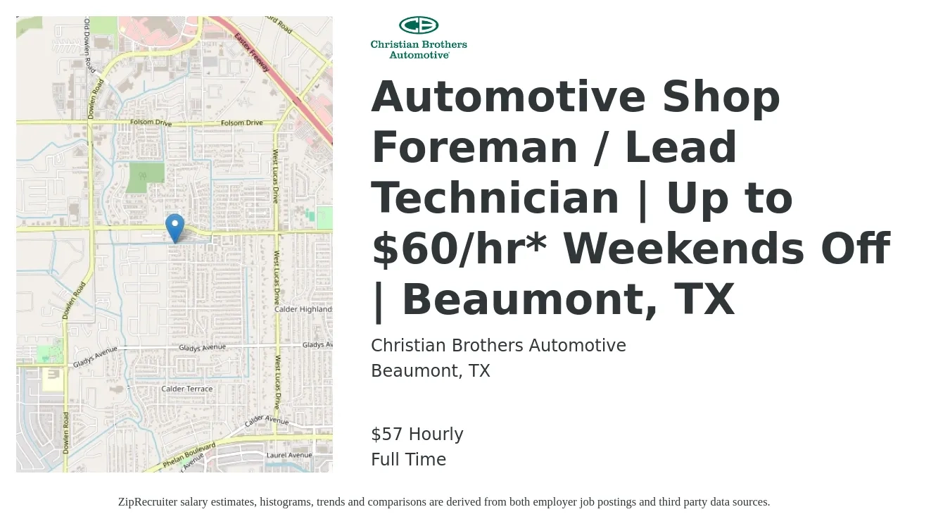 Christian Brothers Automotive job posting for a Automotive Shop Foreman / Lead Technician | Up to $60/hr* Weekends Off | Beaumont, TX in Beaumont, TX with a salary of $60 Hourly with a map of Beaumont location.