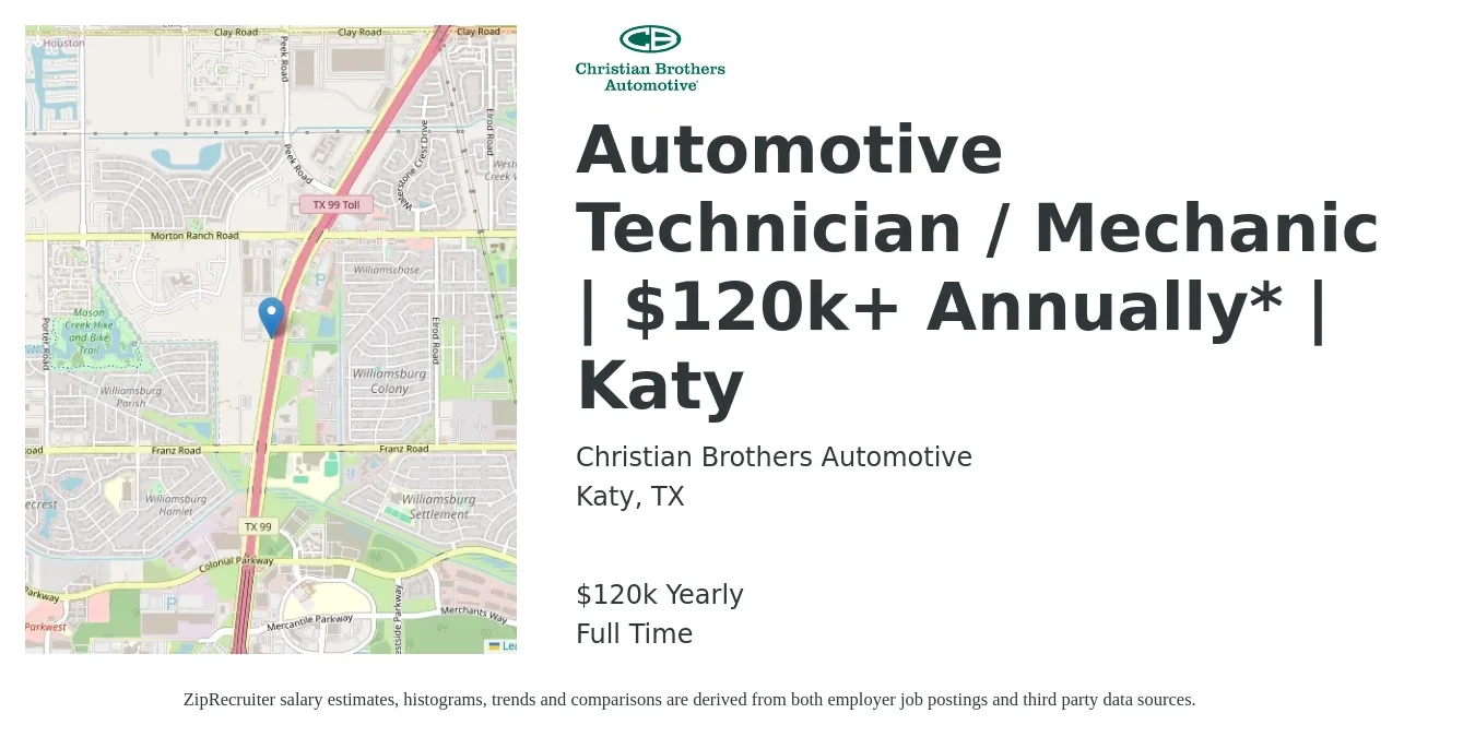 Christian Brothers Automotive job posting for a Automotive Technician / Mechanic | $120k+ Annually* | Katy in Katy, TX with a salary of $120,000 Yearly with a map of Katy location.