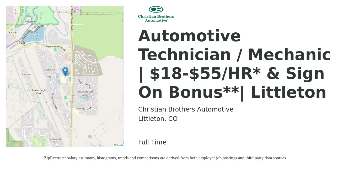 Christian Brothers Automotive job posting for a Automotive Technician / Mechanic | $18-$55/HR* & Sign On Bonus**| Littleton in Littleton, CO with a salary of $21 to $34 Hourly with a map of Littleton location.