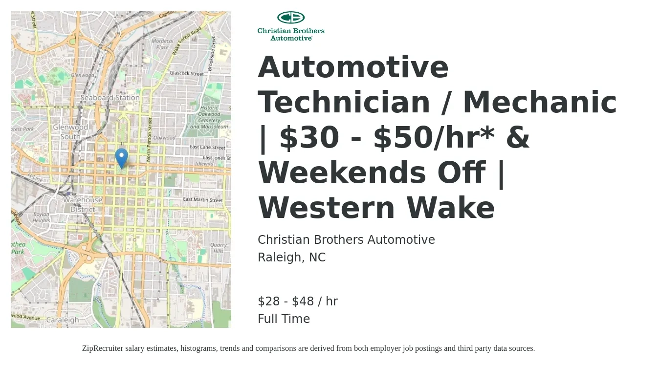 Christian Brothers Automotive job posting for a Automotive Technician / Mechanic | $30 - $50/hr* & Weekends Off | Western Wake in Raleigh, NC with a salary of $30 to $50 Hourly with a map of Raleigh location.