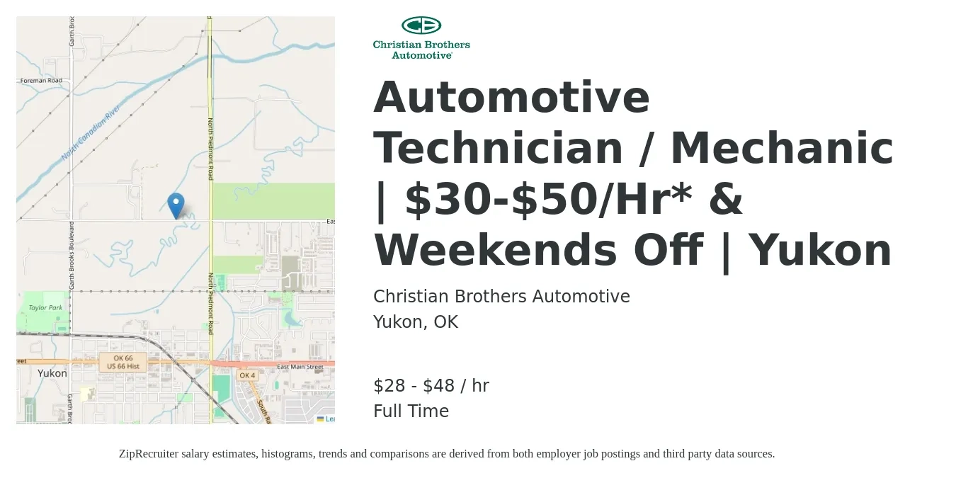 Christian Brothers Automotive job posting for a Automotive Technician / Mechanic | $30-$50/Hr* & Weekends Off | Yukon in Yukon, OK with a salary of $30 to $50 Hourly with a map of Yukon location.