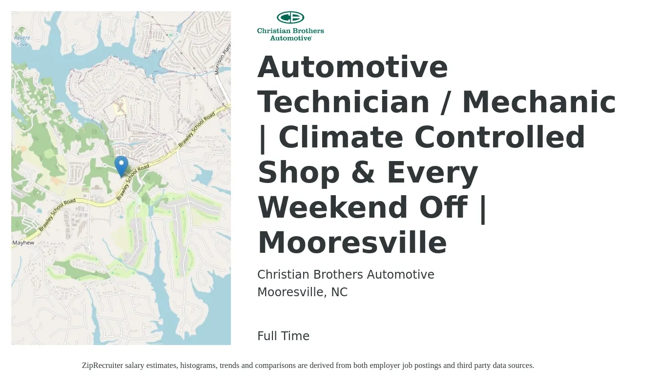 Christian Brothers Automotive job posting for a Automotive Technician / Mechanic | Climate Controlled Shop & Every Weekend Off | Mooresville in Mooresville, NC with a salary of $20 to $33 Hourly with a map of Mooresville location.