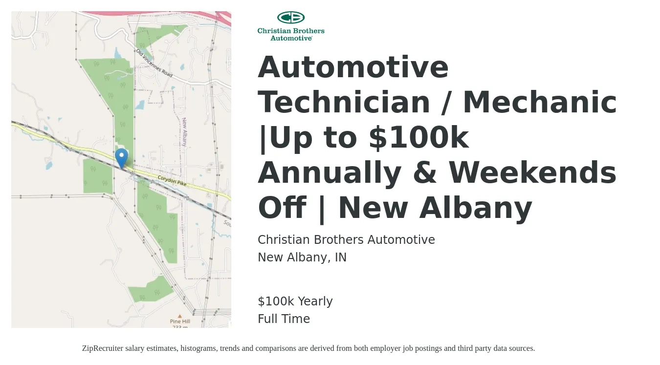 Christian Brothers Automotive job posting for a Automotive Technician / Mechanic |Up to $100k Annually & Weekends Off | New Albany in New Albany, IN with a salary of $100,000 Yearly with a map of New Albany location.