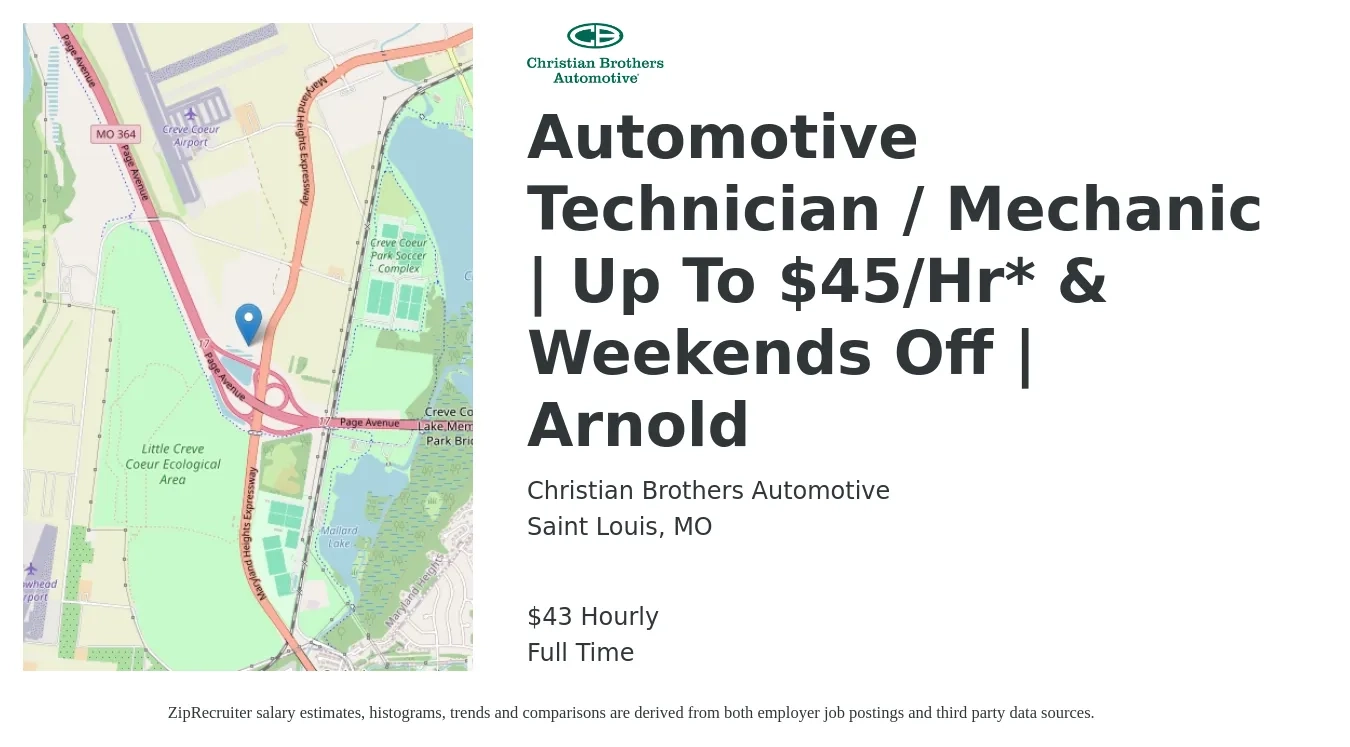 Christian Brothers Automotive job posting for a Automotive Technician / Mechanic | Up To $45/Hr* & Weekends Off | Arnold in Saint Louis, MO with a salary of $45 Hourly with a map of Saint Louis location.