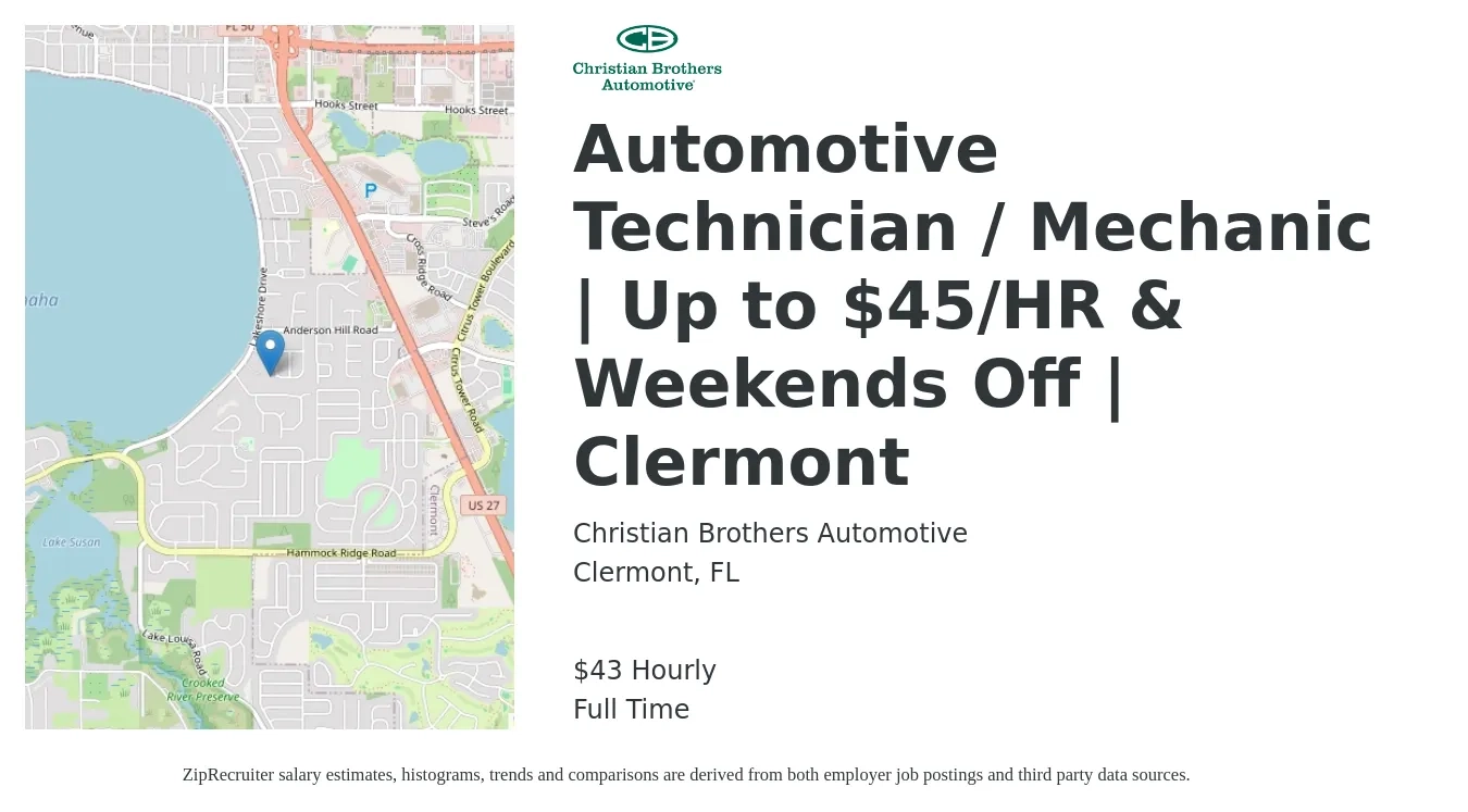 Christian Brothers Automotive job posting for a Automotive Technician / Mechanic | Up to $45/HR & Weekends Off | Clermont in Clermont, FL with a salary of $45 Hourly with a map of Clermont location.