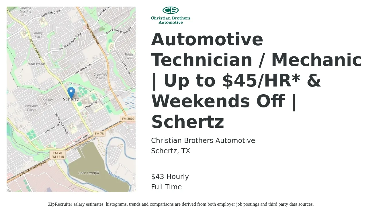 Christian Brothers Automotive job posting for a Automotive Technician / Mechanic | Up to $45/HR* & Weekends Off | Schertz in Schertz, TX with a salary of $45 Hourly with a map of Schertz location.