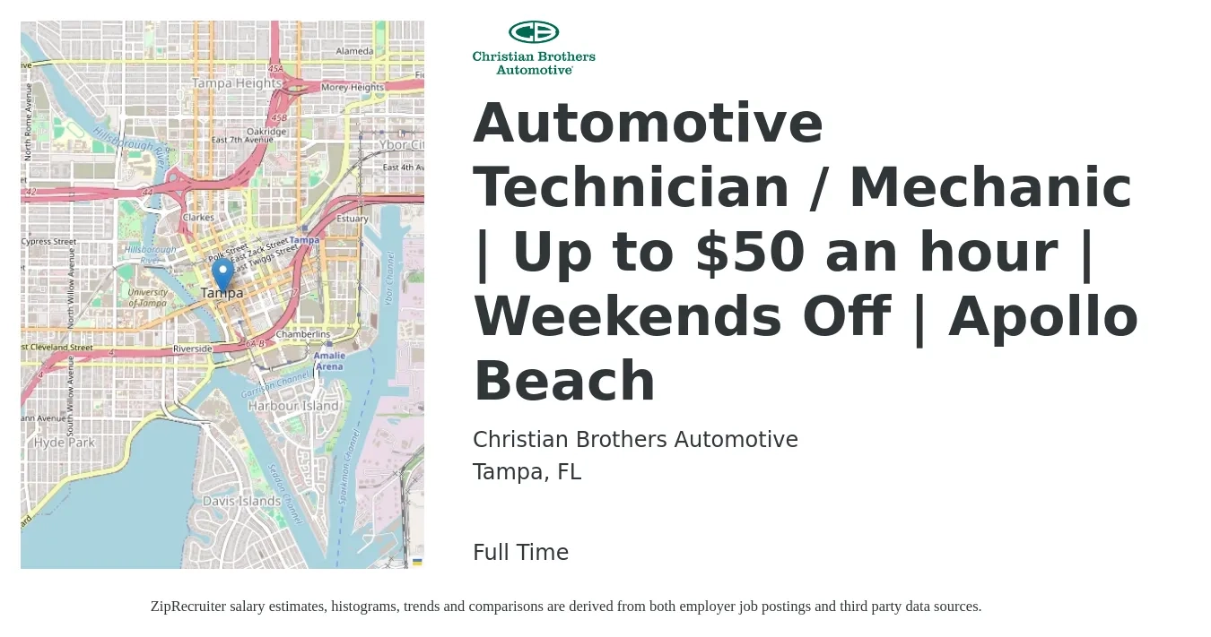 Christian Brothers Automotive job posting for a Automotive Technician / Mechanic | Up to $50 an hour | Weekends Off | Apollo Beach in Tampa, FL with a salary of $50 Hourly with a map of Tampa location.