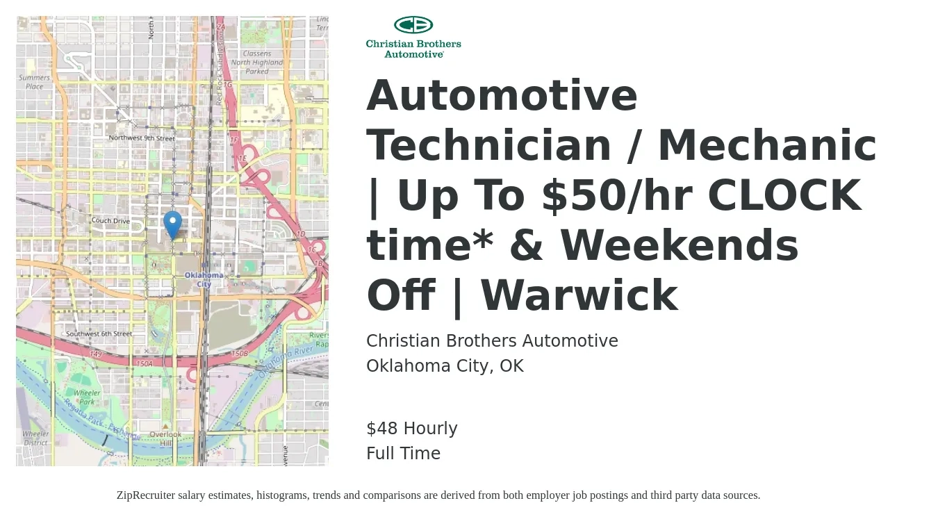 Christian Brothers Automotive job posting for a Automotive Technician / Mechanic | Up To $50/hr CLOCK time* & Weekends Off | Warwick in Oklahoma City, OK with a salary of $50 Hourly with a map of Oklahoma City location.