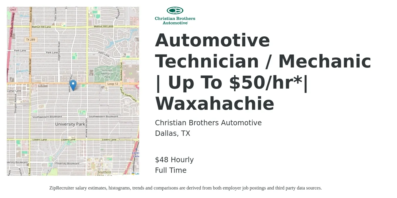 Christian Brothers Automotive job posting for a Automotive Technician / Mechanic | Up To $50/hr*| Waxahachie in Dallas, TX with a salary of $50 Hourly with a map of Dallas location.