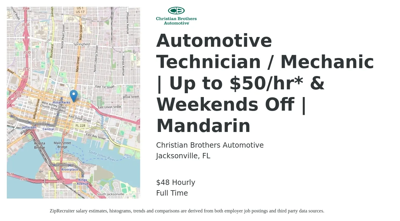 Christian Brothers Automotive job posting for a Automotive Technician / Mechanic | Up to $50/hr* & Weekends Off | Mandarin in Jacksonville, FL with a salary of $50 Hourly with a map of Jacksonville location.