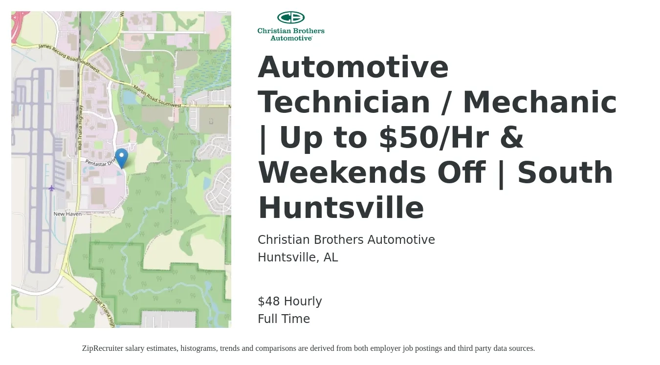 Christian Brothers Automotive job posting for a Automotive Technician / Mechanic | Up to $50/Hr & Weekends Off | South Huntsville in Huntsville, AL with a salary of $50 Hourly with a map of Huntsville location.